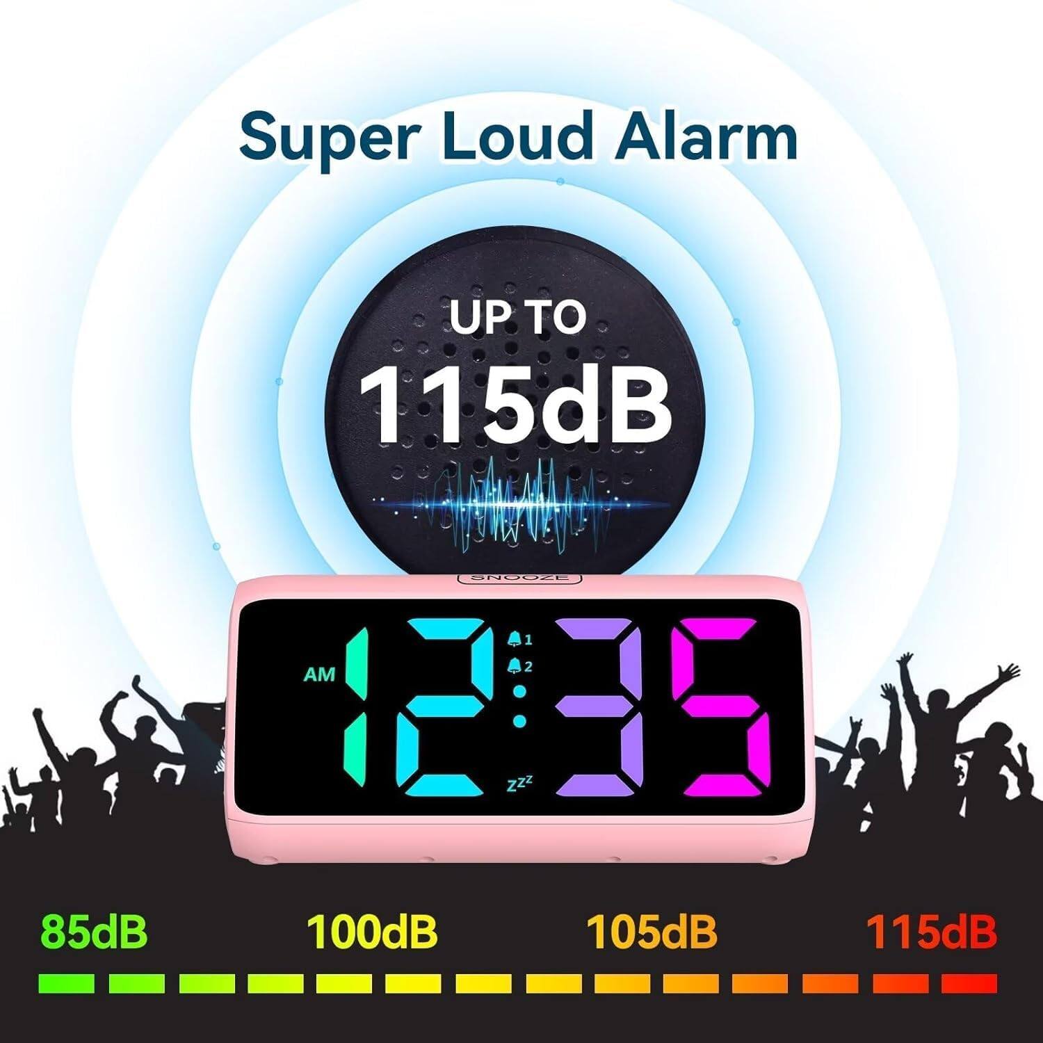 Super Loud Alarm UP TO 115dB

NOOZE 1 2 AM

85dB 100dB 105dB 115dB