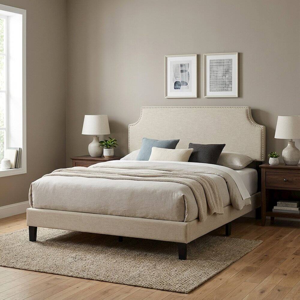Left. FurniFact - Upholstered Fabric Queen Headboard with Padded Design and Sturdy Frame - Beige.