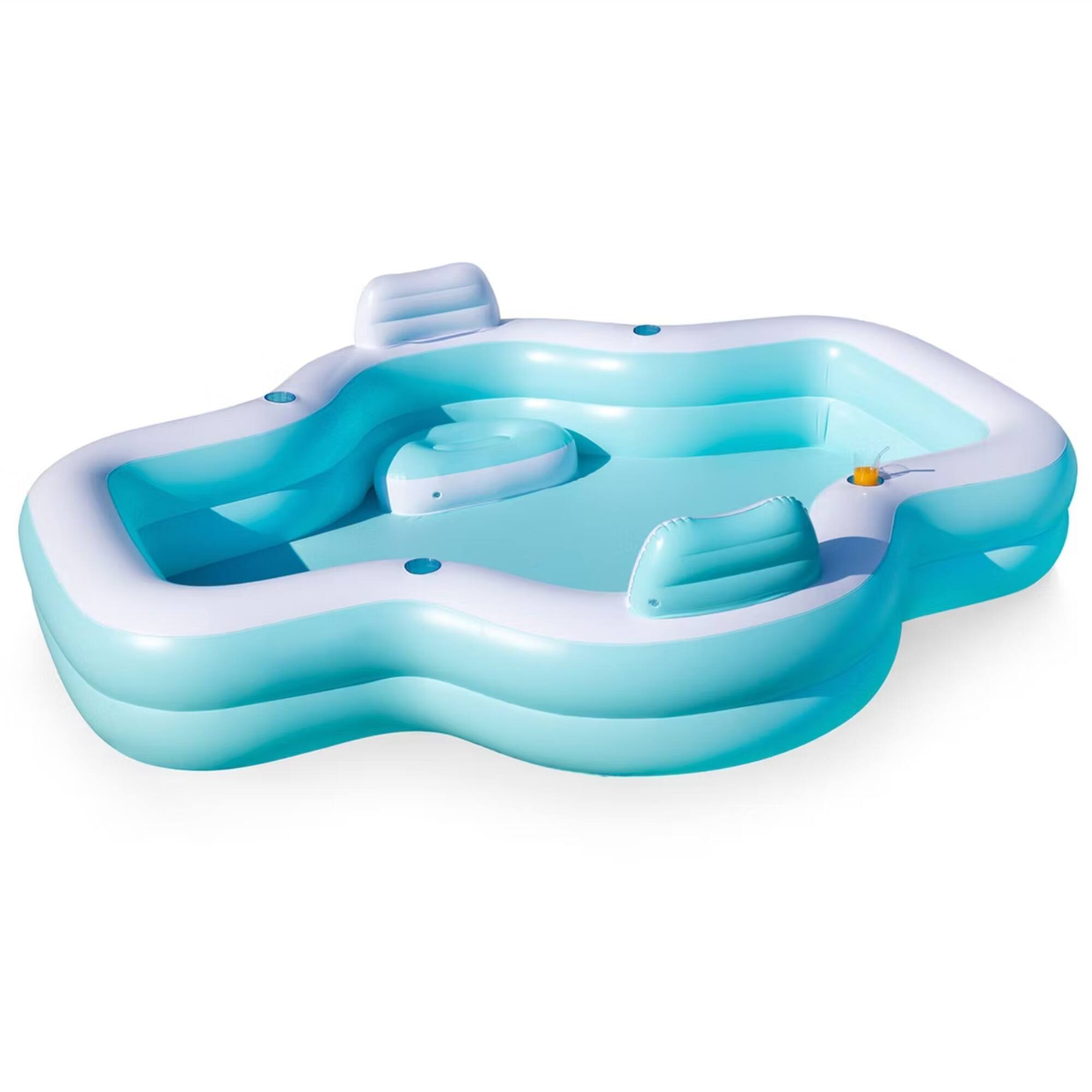 Angle. Joyfy - 120 x 101 x 26" Inflatable Swimming Pool, Family Pool with Seats Backrest Cup Holder Kids Summer Water Party Cyan - Cyan.