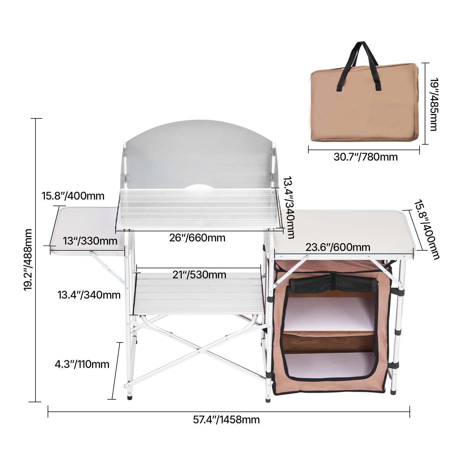 15.8"/400mm, 13"/330mm, 19.2"/488mm, 13.4"/340mm, 26"/660mm, 21/530mm, 19"/485mm, 30.7"/780mm, 13.4"/340mm, 15.8"/400mm, 23.6"/600mm, 4.3"/110mm, 57.4"/1458mm