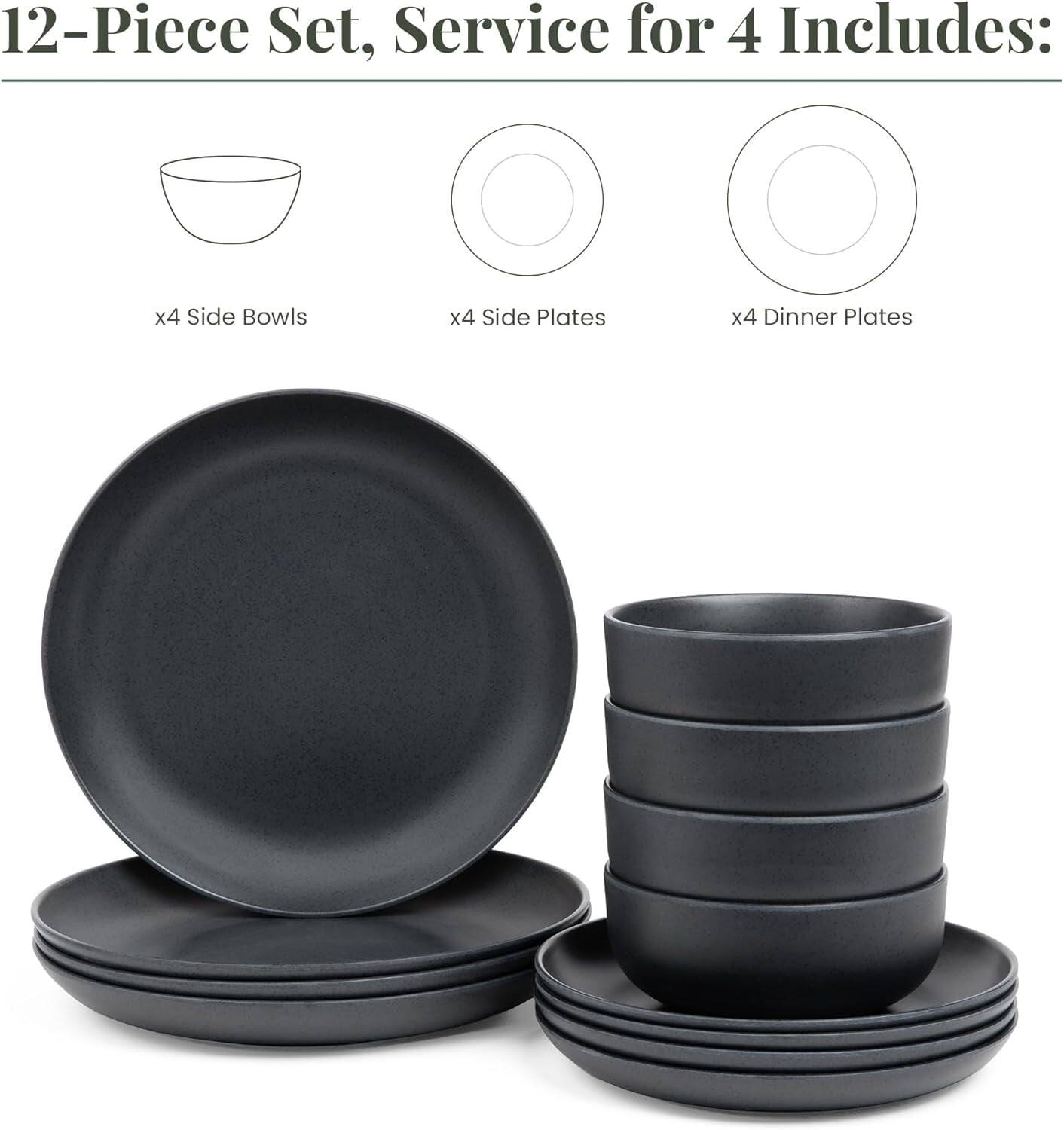 12-Piece Set, Service for 4 Includes:  
- x4 Side Bowls  
- x4 Side Plates  
- x4 Dinner Plates