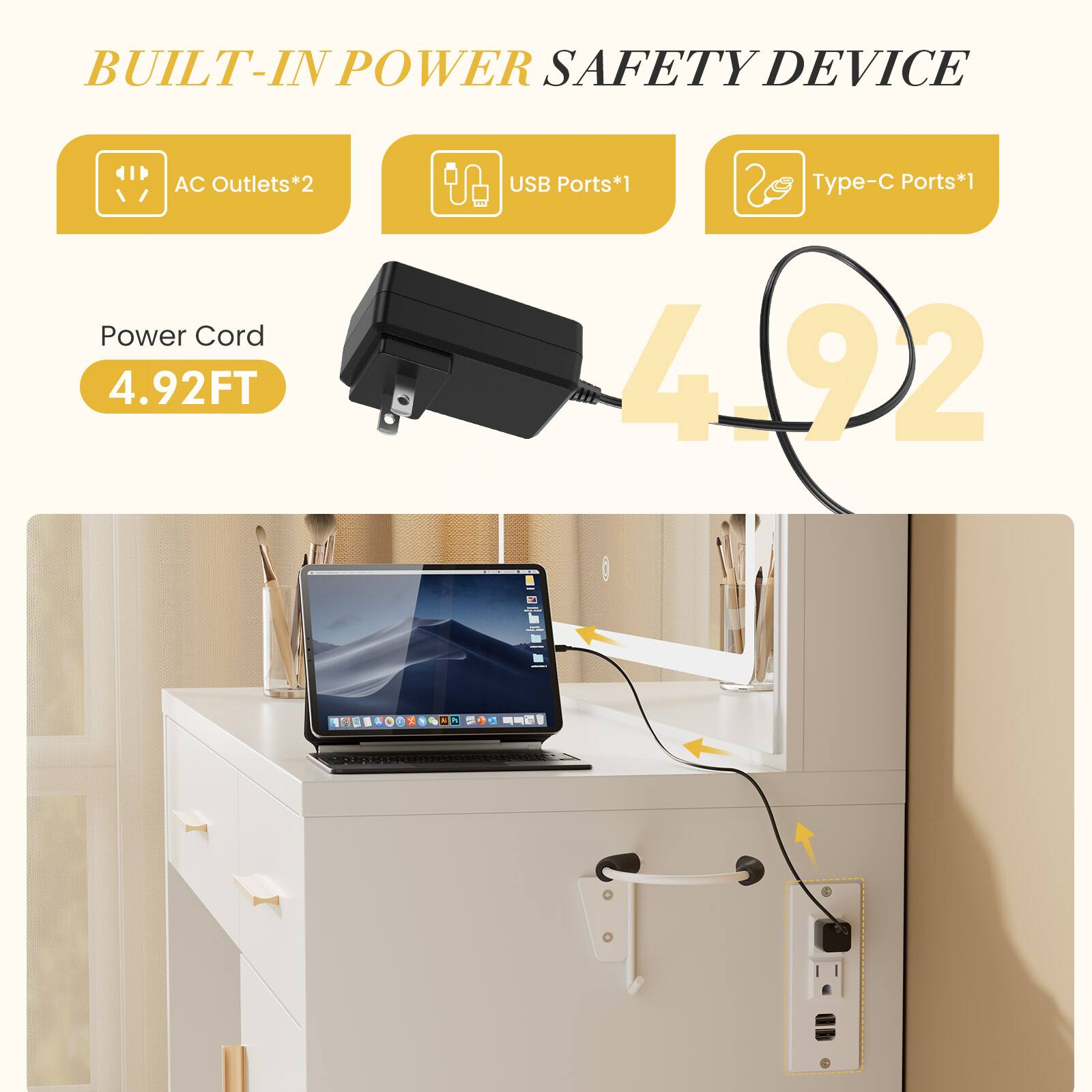 BUILT-IN POWER SAFETY DEVICE

- AC Outlets*2
- USB Ports*1
- Type-C Ports*1

Power Cord: 4.92FT
