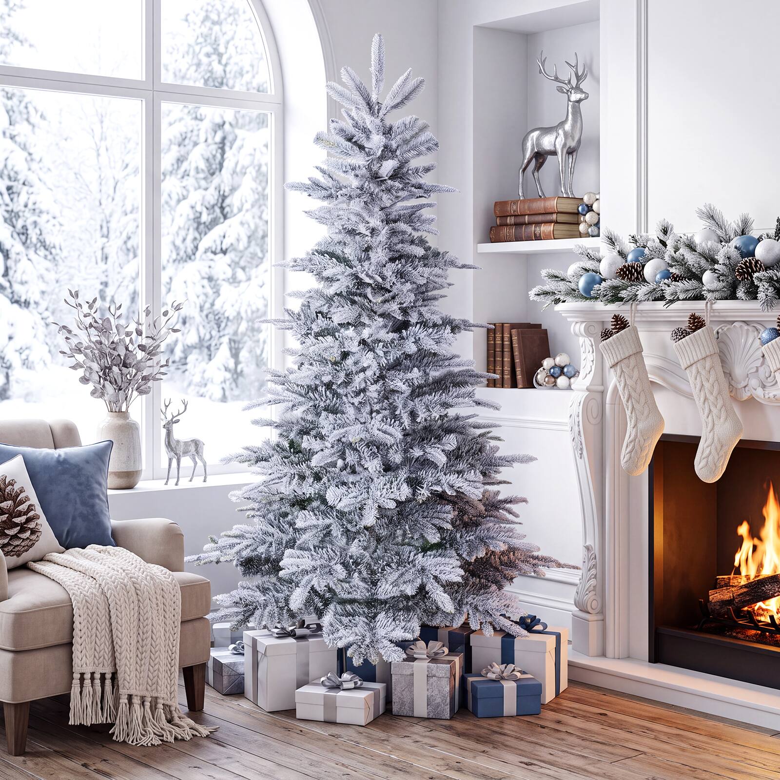 Costway - 6 FT Flocked Christmas Tree with 834 Full Branch Tips, 420 Warm LED Lights - White