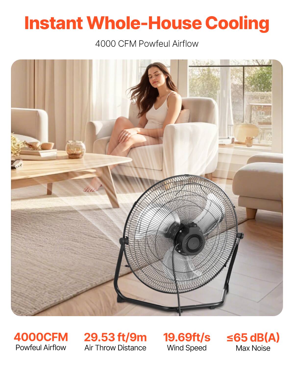 Instant Whole-House Cooling  
4000 CFM Powfeul Airflow  

4000 CFM  
Powfeul Airflow  

29.53 ft/9m  
Air Throw Distance  

19.69 ft/s  
Wind Speed  

≤65 dB(A)  
Max Noise