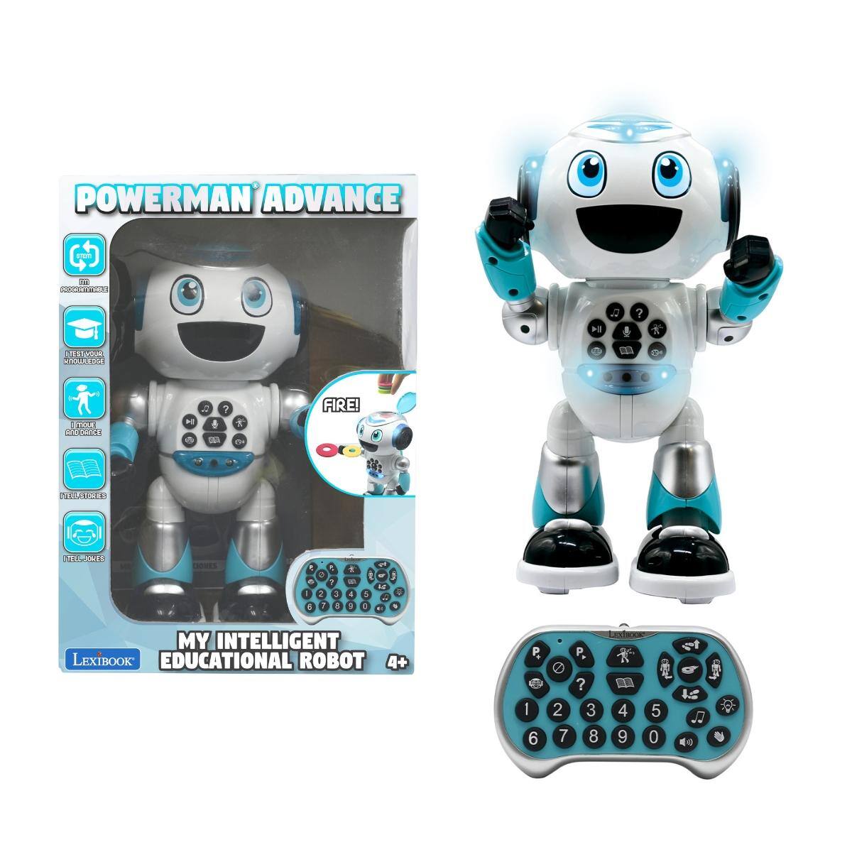 POWERMAN ADVANCE  
8781  
in PROGRAMMAILE  
CL  
?  
TEST YOUR KNOWLEDGE  
| MOVE AND DANCE  
H  
?  
FIRE!  
TEL-STORIES  
TELL-JOKES  
P e 2 ? I 2 3 6 7 3  
2 a 4 9  
I 5 0  
2 k 1  
0  
MY INTELLIGENT LEXIBOOK EDUCATIONAL ROBOT 4+  
P. 1 6  
0 2 7  
P1 ? 3 8  
4 9  
5 0