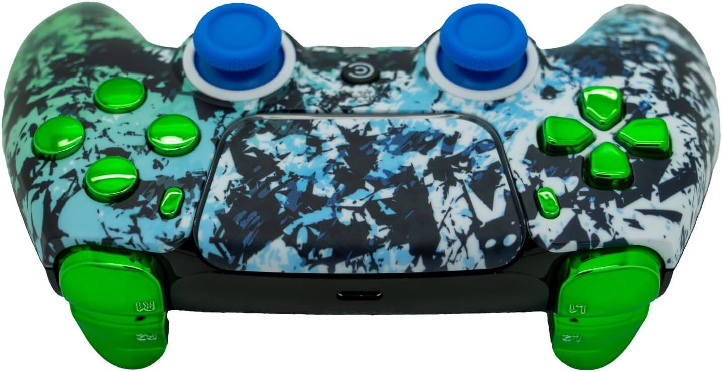 Back. Custom Controllerzz - Custom Wireless Controller for PS5 - Polar Pixel & Green Chrome Inserts.