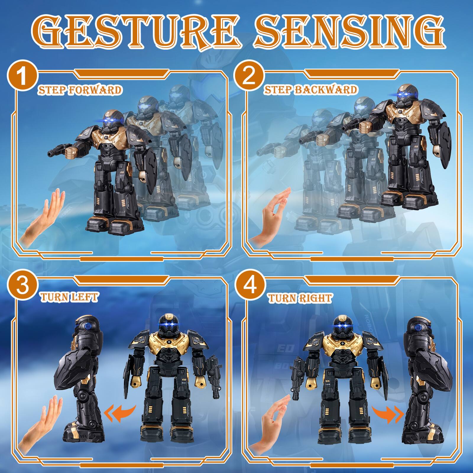 GESTURE SENSING

1. STEP FORWARD

2. STEP BACKWARD

3. TURN LEFT

4. TURN RIGHT