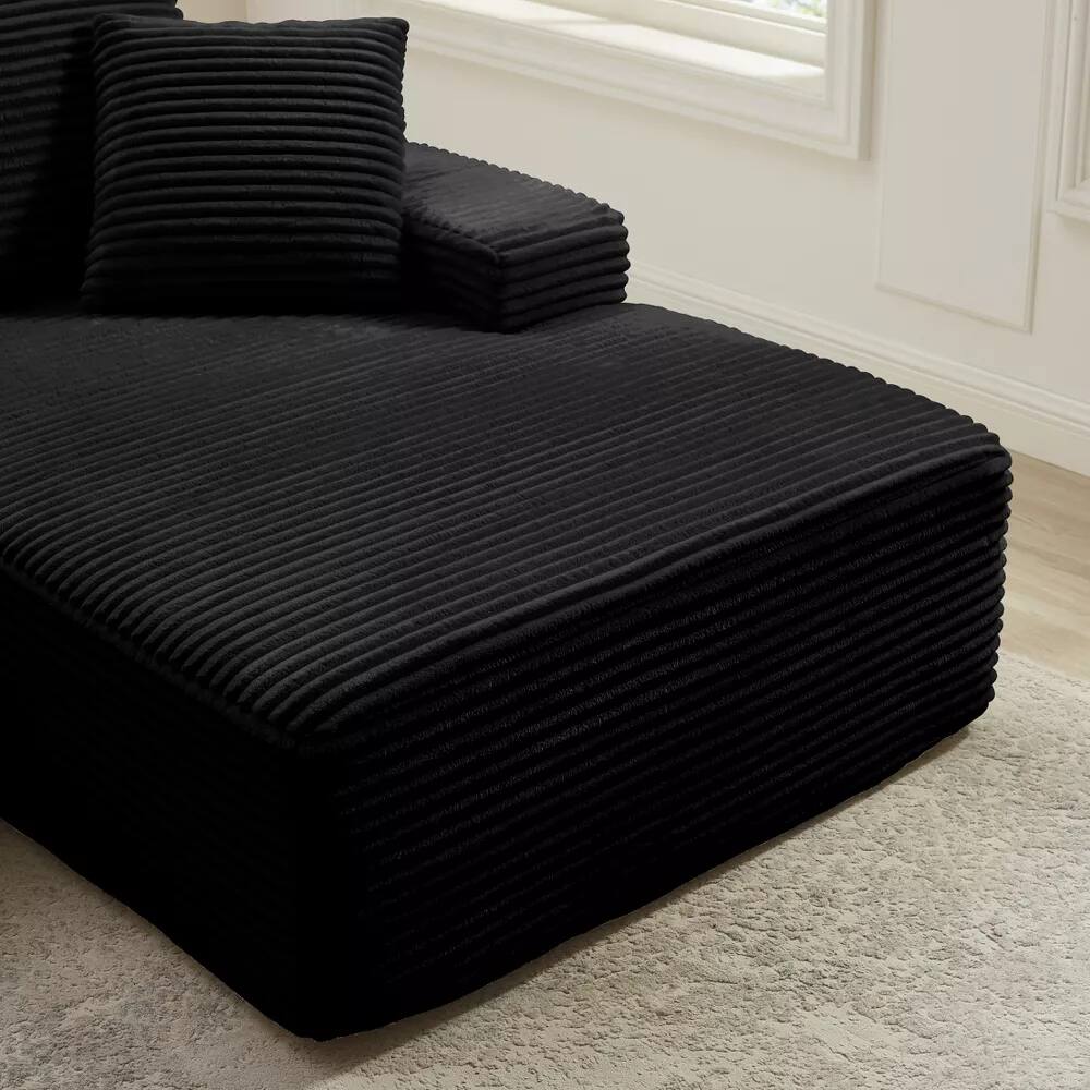 Alt View 4. Meqiodas - 109'' Modern Boneless Sofa Couch, Corduroy Modular Sectional Sofa With L-Shape Chaise, No Assembly Required - Black.