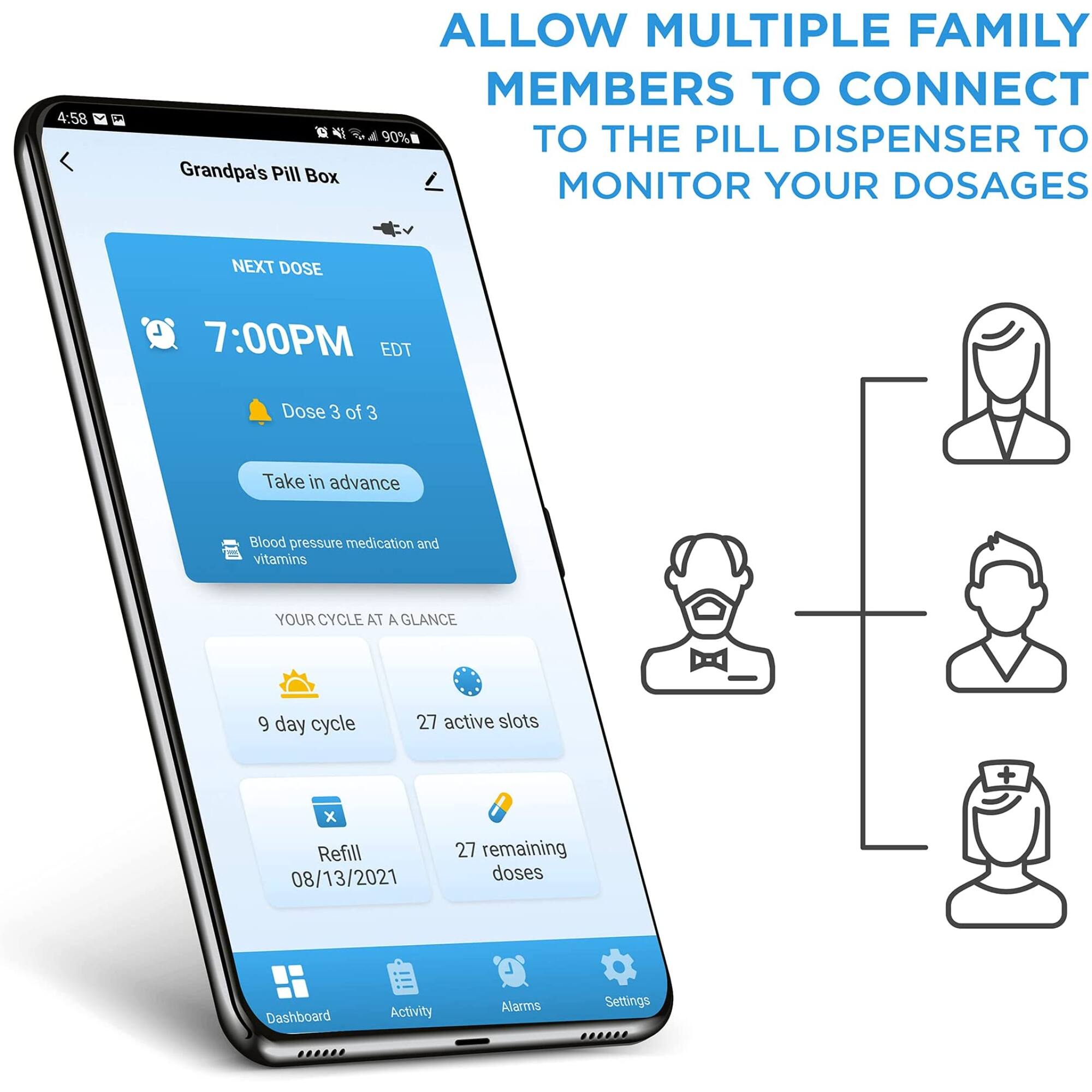 4:58 G Grandpa's Pill Box ALLOW MULTIPLE FAMILY MEMBERS TO CONNECT TO THE PILL DISPENSER TO MONITOR YOUR DOSAGES NEXT DOSE 7:00PM EDT Dose 3 of 3 Take in advance Blood pressure medication and vitamins YOUR CYCLE AT A GLANCE 9 day cycle 27 active slots + X Refill 08/13/2021 27 remaining doses Dashboard Activity Alarms Settings