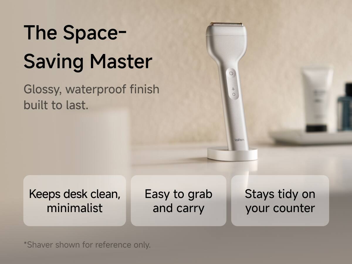 The Space-Saving Master

Glossy, waterproof finish built to last.

- Keeps desk clean, minimalist
- Easy to grab and carry
- Stays tidy on your counter

*Shaver shown for reference only.