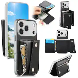 Dteck - PU Leather Wallet Case for Apple iPhone 17 Pro Max, Shockproof Kickstand Phone Cover with Card Slots and Zipper Pocket - Black