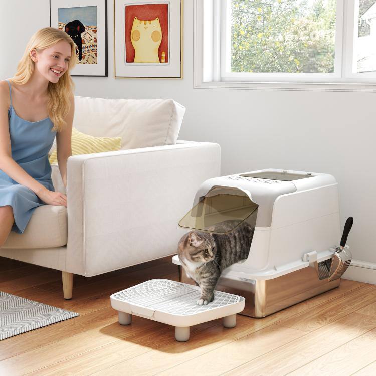 Alt View 2. PULUZ - Extra Large Stainless Steel Litter Box, Enclosed Cat Litter Box with Scoop, Deodorizer Bag, Sand Drop Pedal - White.