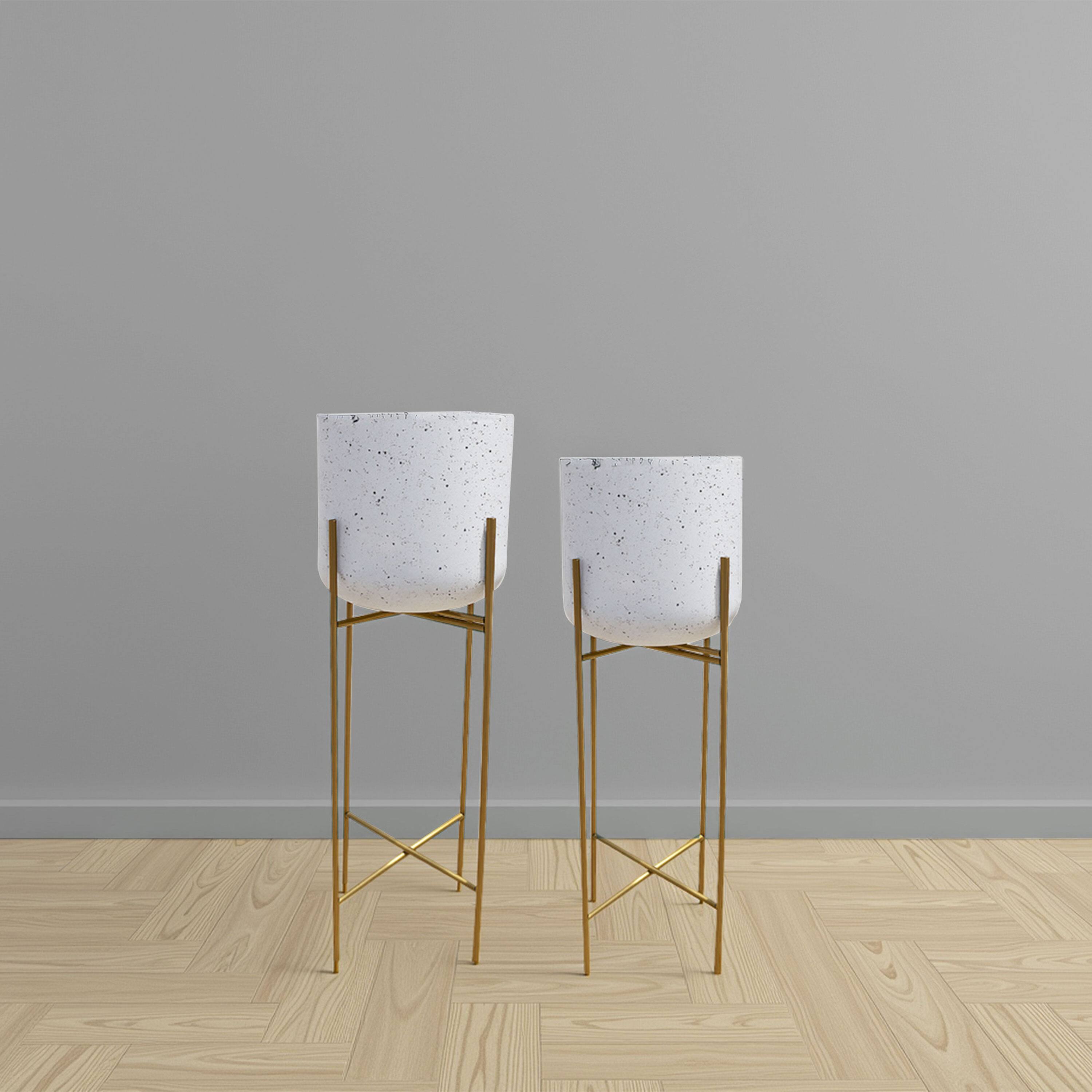 Alt View 3. Manhattan Lane - Aira Set of 2 Planters | 20, 22" Tall | Gold Foldable Metal Stand | White Speckled Pattern.