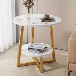 WG - Modern 2-Tier Metal Coffee Table with Storage Shelves Compact Round Side Table for Living Room Balcony or Bedroom White - Gold, White