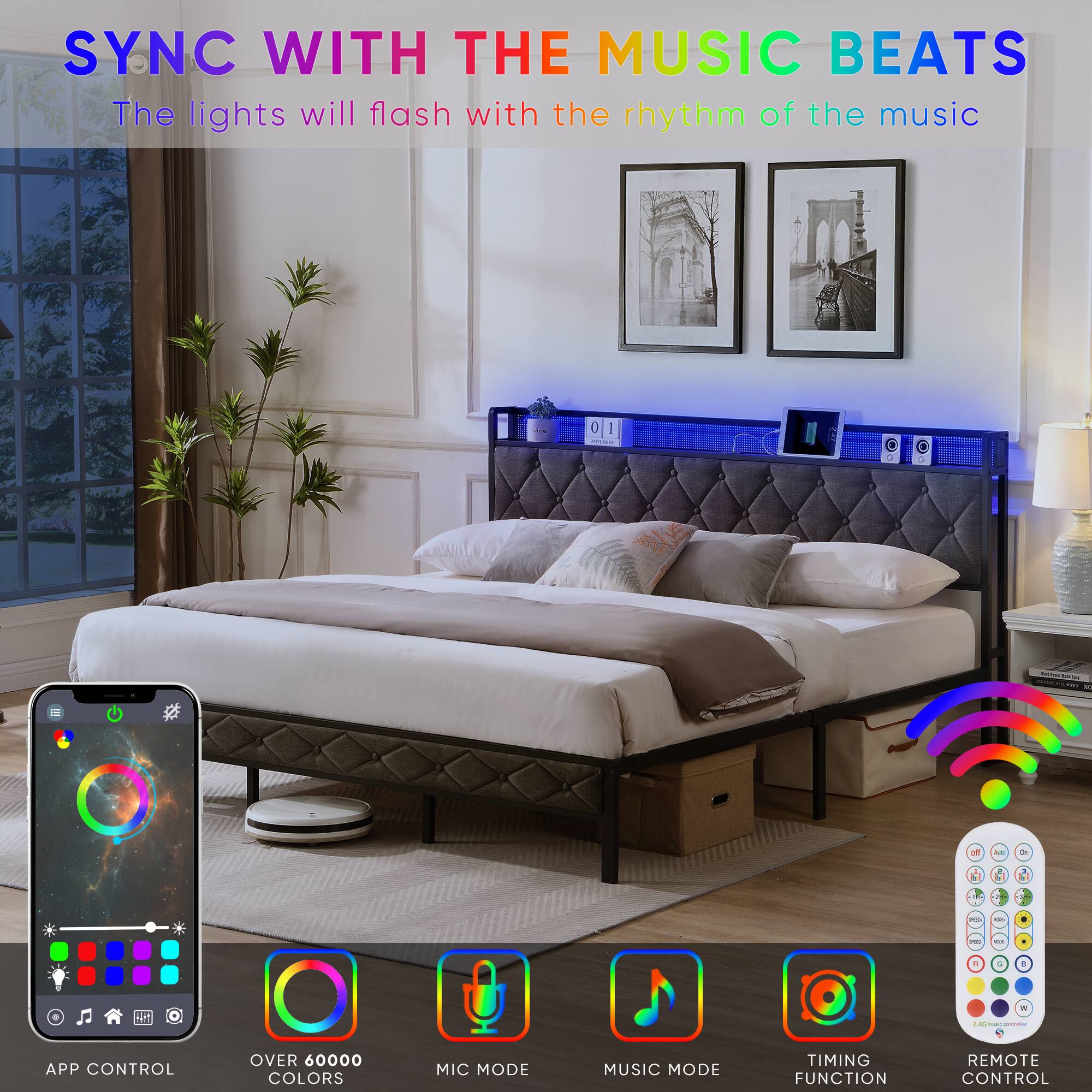 SYNC WITH THE MUSIC BEATS  
The lights will flash with the rhythm of the music  

APP CONTROL  
OVER 60000 COLORS  
MIC MODE  
MUSIC MODE  
TIMING FUNCTION  
REMOTE CONTROL