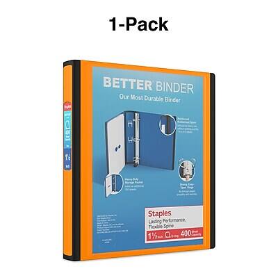 1-Pack  
BETTER BINDER  
Our Most Durable Binder  

Staples  
Lasting Performance, Flexible Spine  
1½"  
400 Sheets