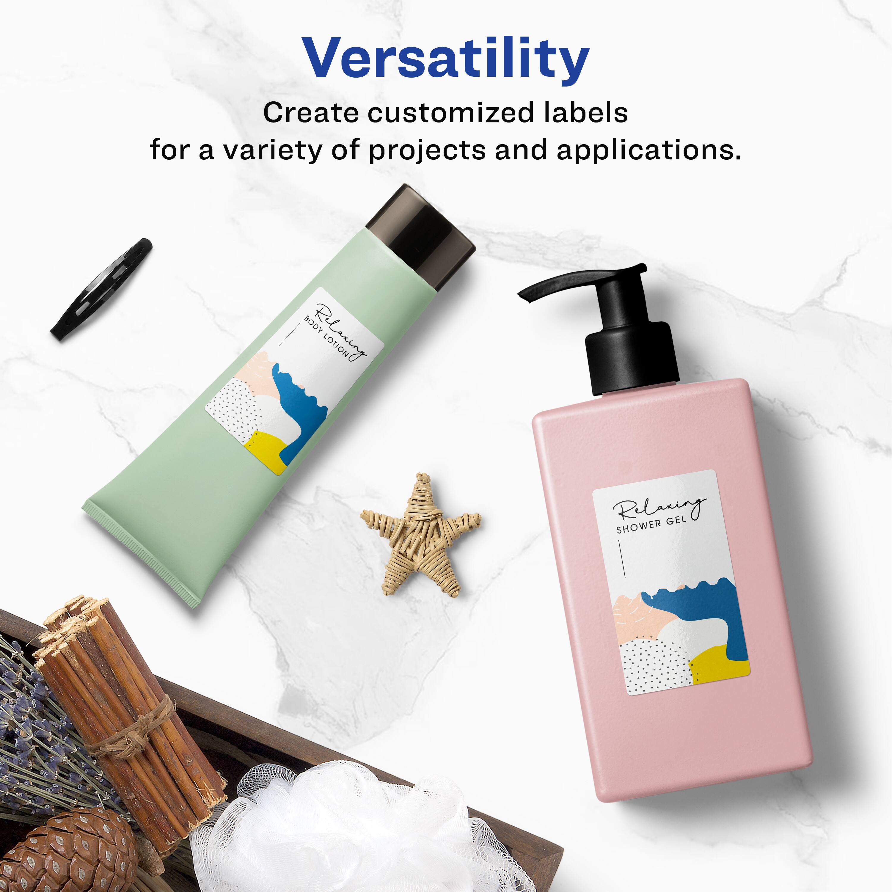 Versatility  
Create customized labels for a variety of projects and applications.  

Relaxing  
BODY LOTION  

Relaxing  
SHOWER GEL
