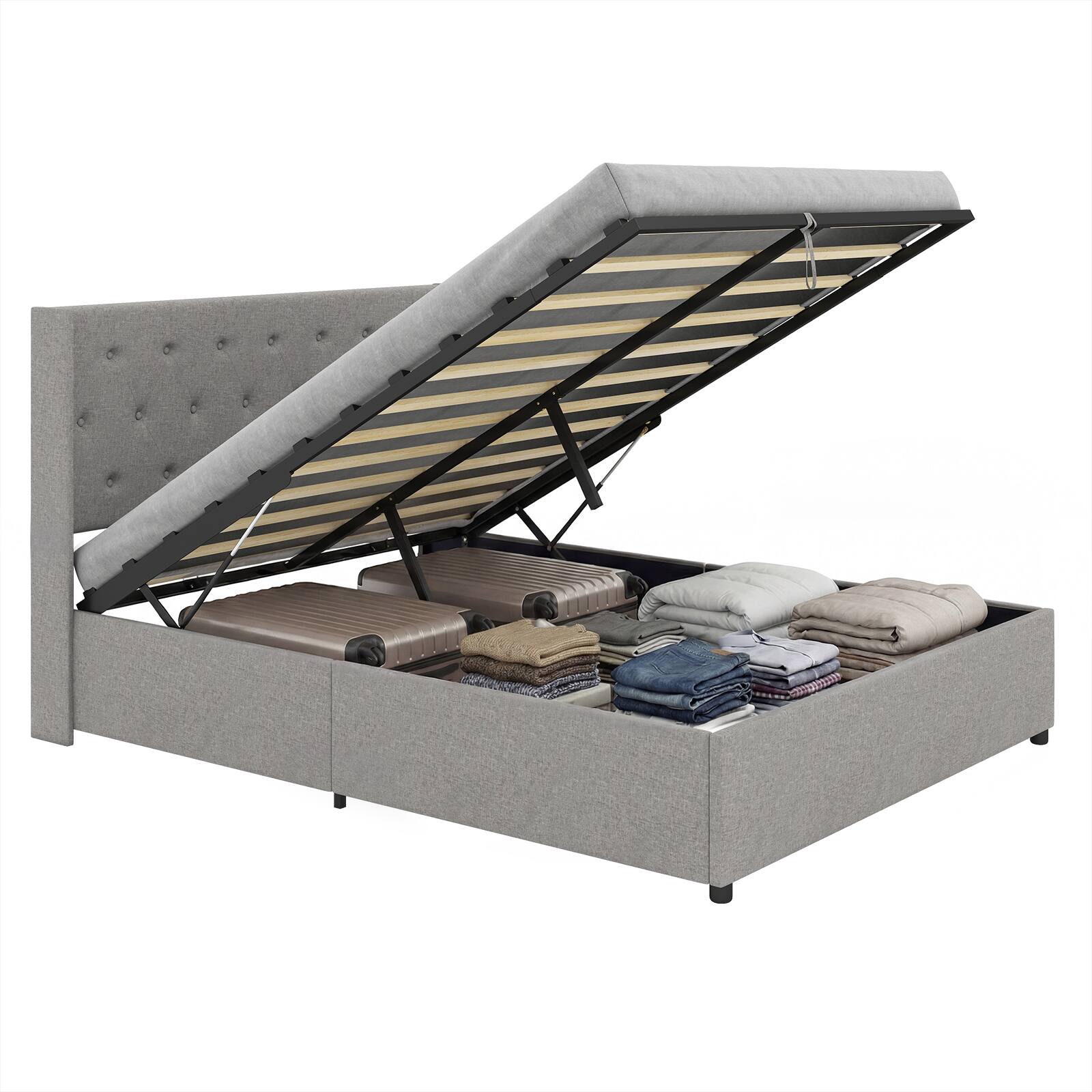 Alt View 9. Gymax - Gymax Queen Size Lift-up Storage Bed w/Tufted Wingback Headboard Hydraulic Lifts Grey - Gray.