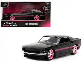 1969 Ford Mustang Black Metallic with Pink Stripes and Wheels "Pink Slips" Series 1/32 Diecast Model Car by Jada - Black Metallic With Pink