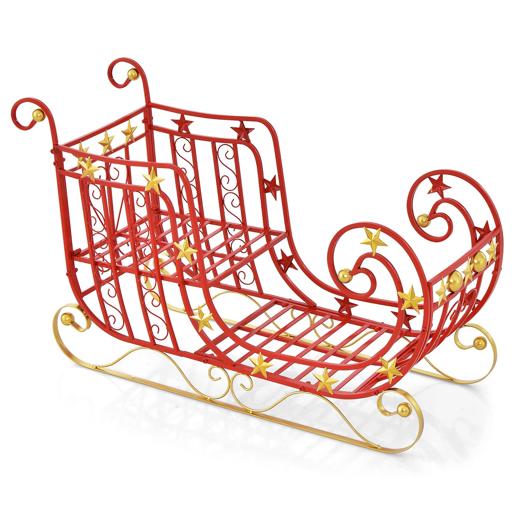 Alt View 9. Gymax - Gymax Christmas Metal Sleigh Large Red Santa Sleigh Decoration w/ Big Loading Area for Gifts - Red, Golden.