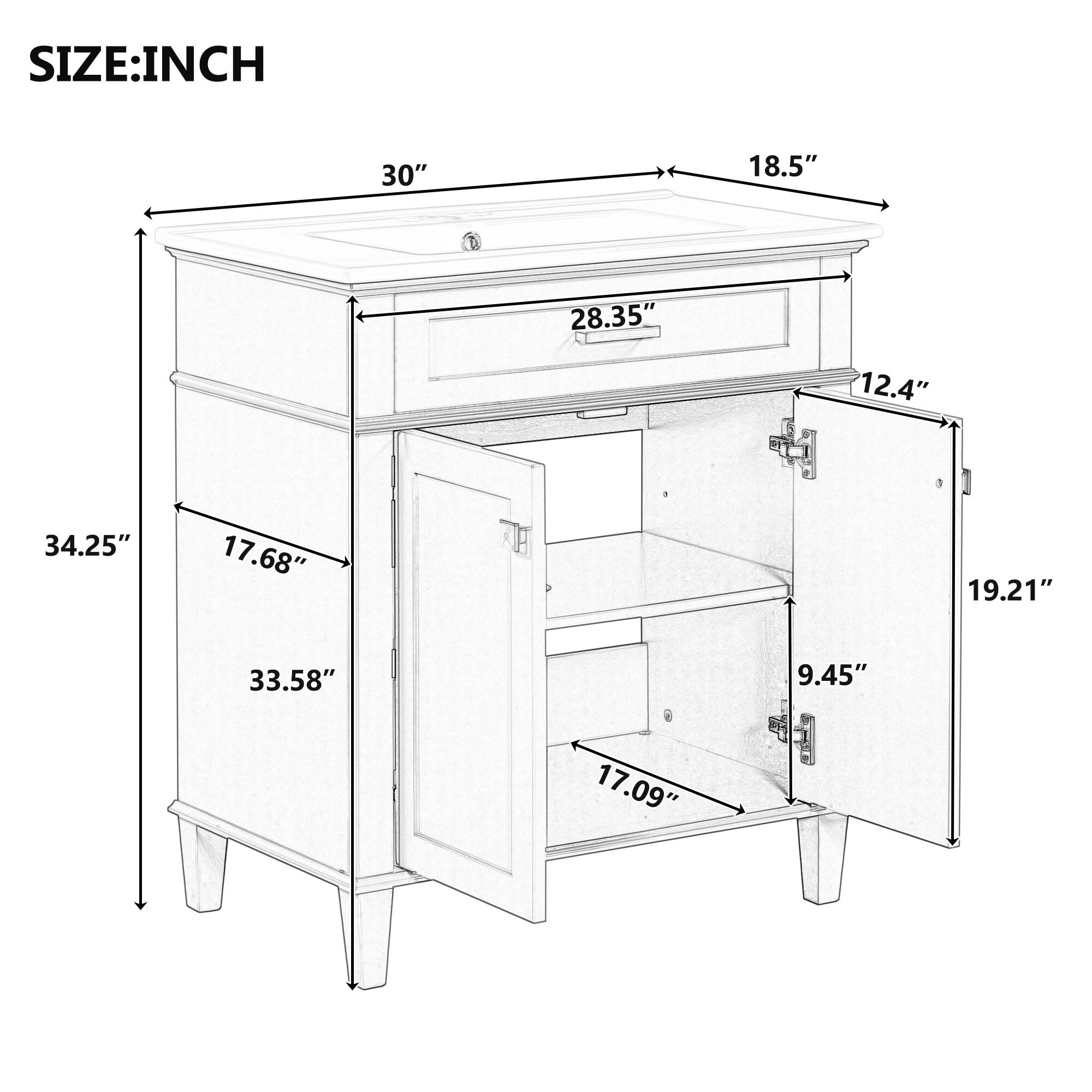SIZE: INCH  
30" x 18.5" x 34.25"  
28.35" x 12.4" x 19.21"  
33.58" x 17.68" x 17.09"  
9.45"