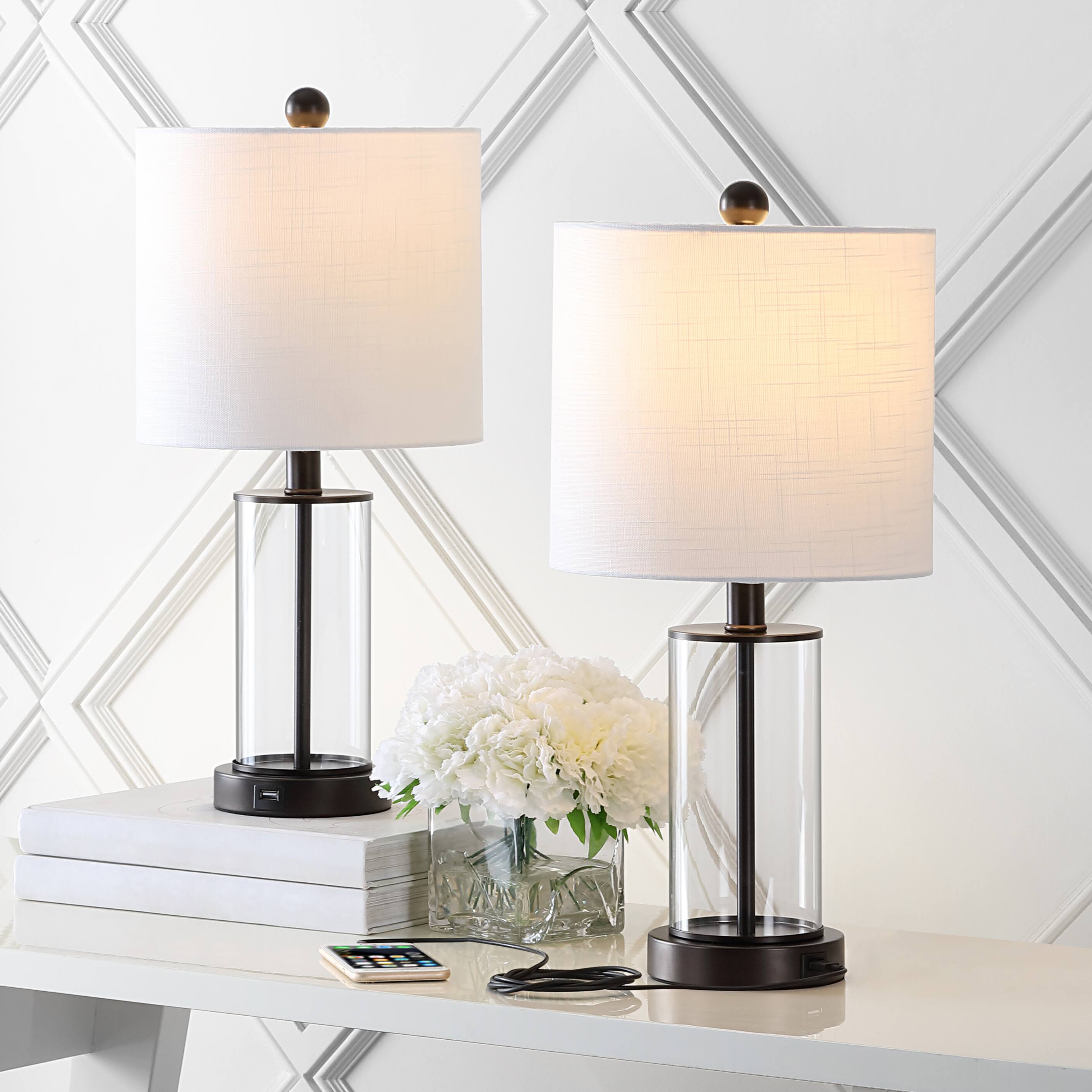 Alt View 1. Jonathan Y - Abner 21" Glass Modern Contemporary USB Charging LED Table Lamp, Oil Rubbed Bronze (Set of 2) - Oil Rubbed Bronze/Clear.