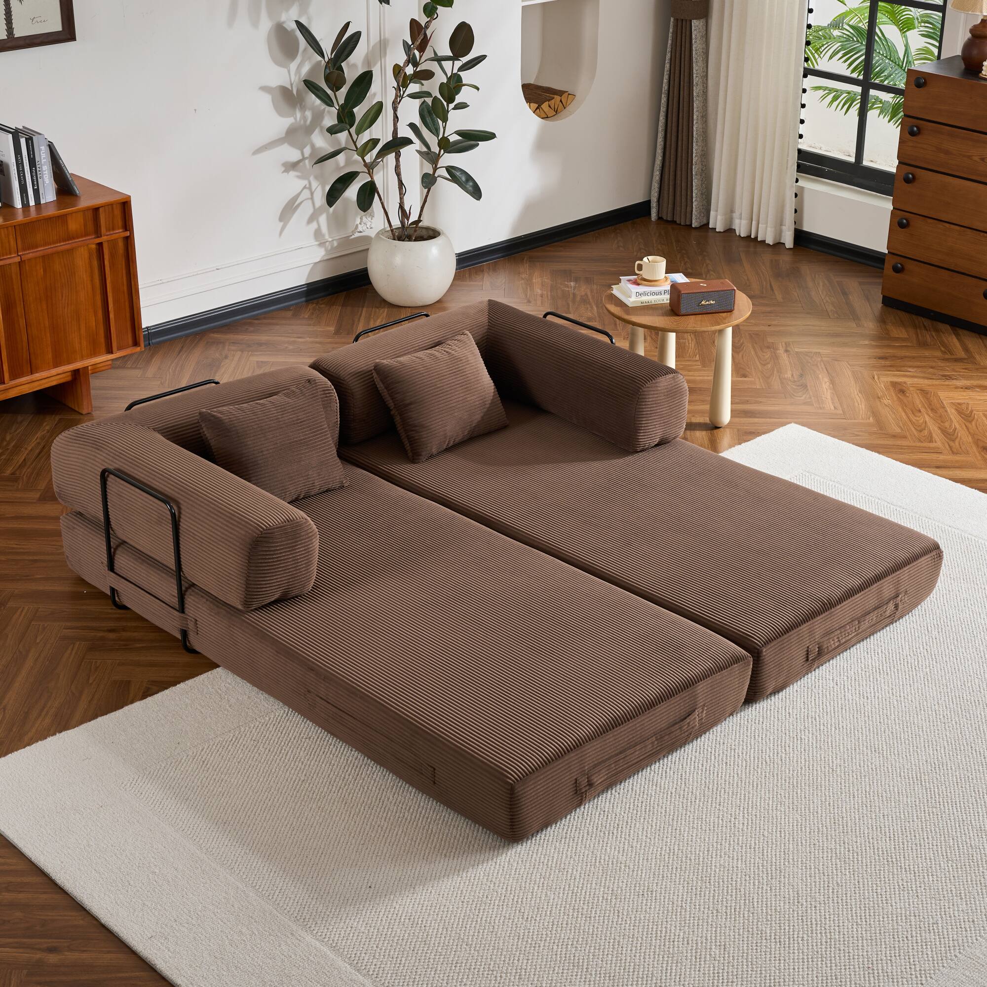 Alt View 5. GOODSILO - Convertible Sleeper Sofa in Cylindroy Fabric | Features a Cylindrical Pillow & Space-Saving Foldable Design - Brown.