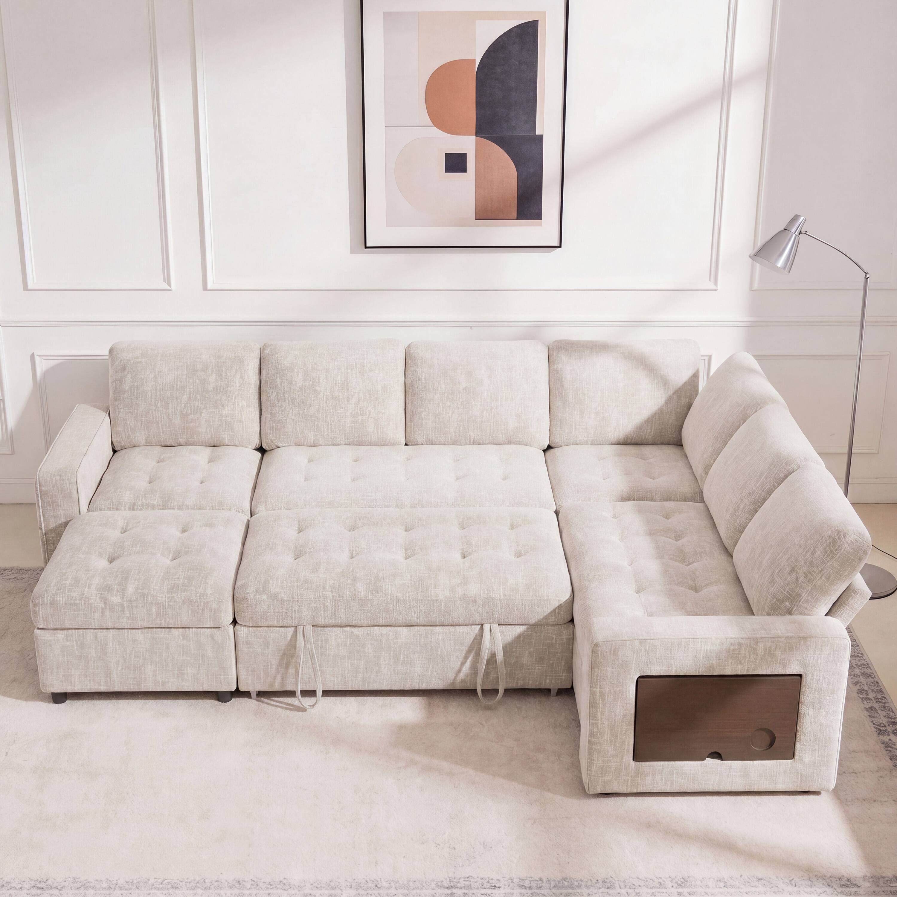 Dyonery - 7-Seat Modular Sectional Sleeper Sofa with Pull-Out Bed, Reclining Backrest, USB Ports, Table, LED Lights ,White - Beige