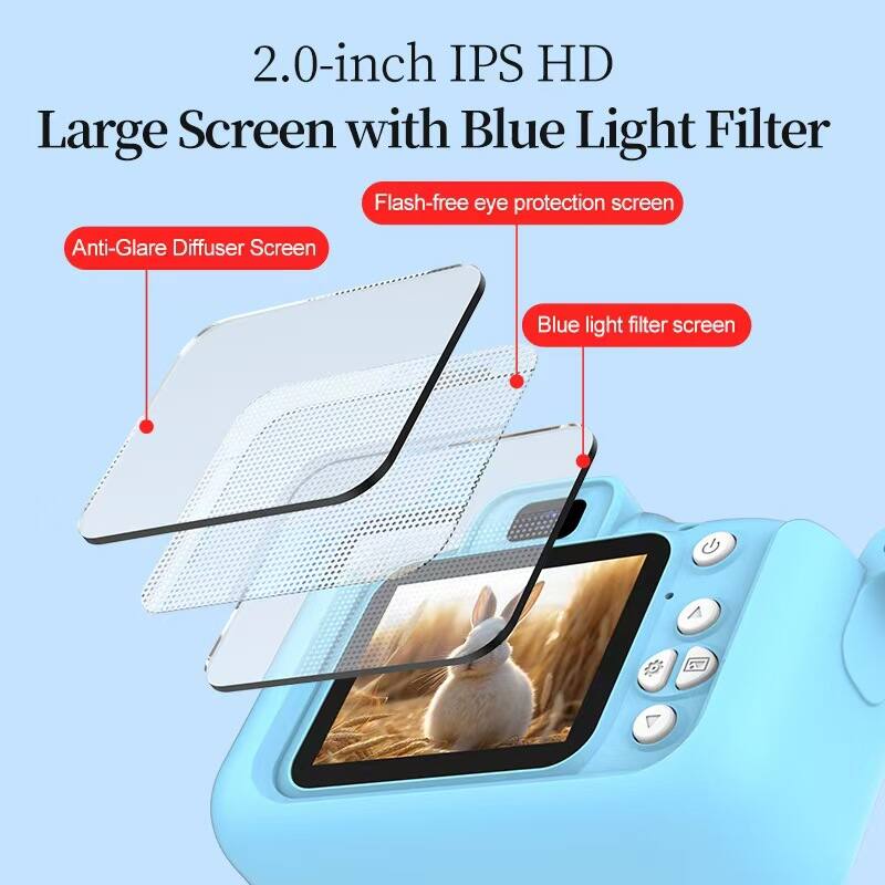 2.0-inch IPS HD Large Screen with Blue Light Filter  
Flash-free eye protection screen  
Anti-Glare Diffuser Screen  
Blue light filter screen