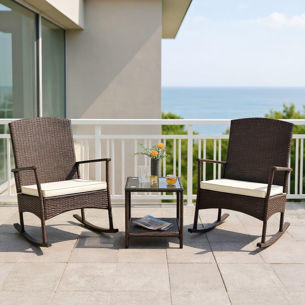 Kadyn - 3 Piece Patio Rocking Set Wicker Rocking Chairs, Small Patio Conversation Furniture Set with 2-Tier Coffee Table - White
