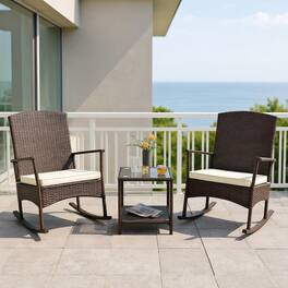 Kadyn - 3 Piece Patio Rocking Set Wicker Rocking Chairs, Small Patio Conversation Furniture Set with 2-Tier Coffee Table - White