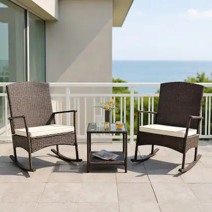 Front. Kadyn - 3 Piece Patio Rocking Set Wicker Rocking Chairs, Small Patio Conversation Furniture Set with 2-Tier Coffee Table - White.