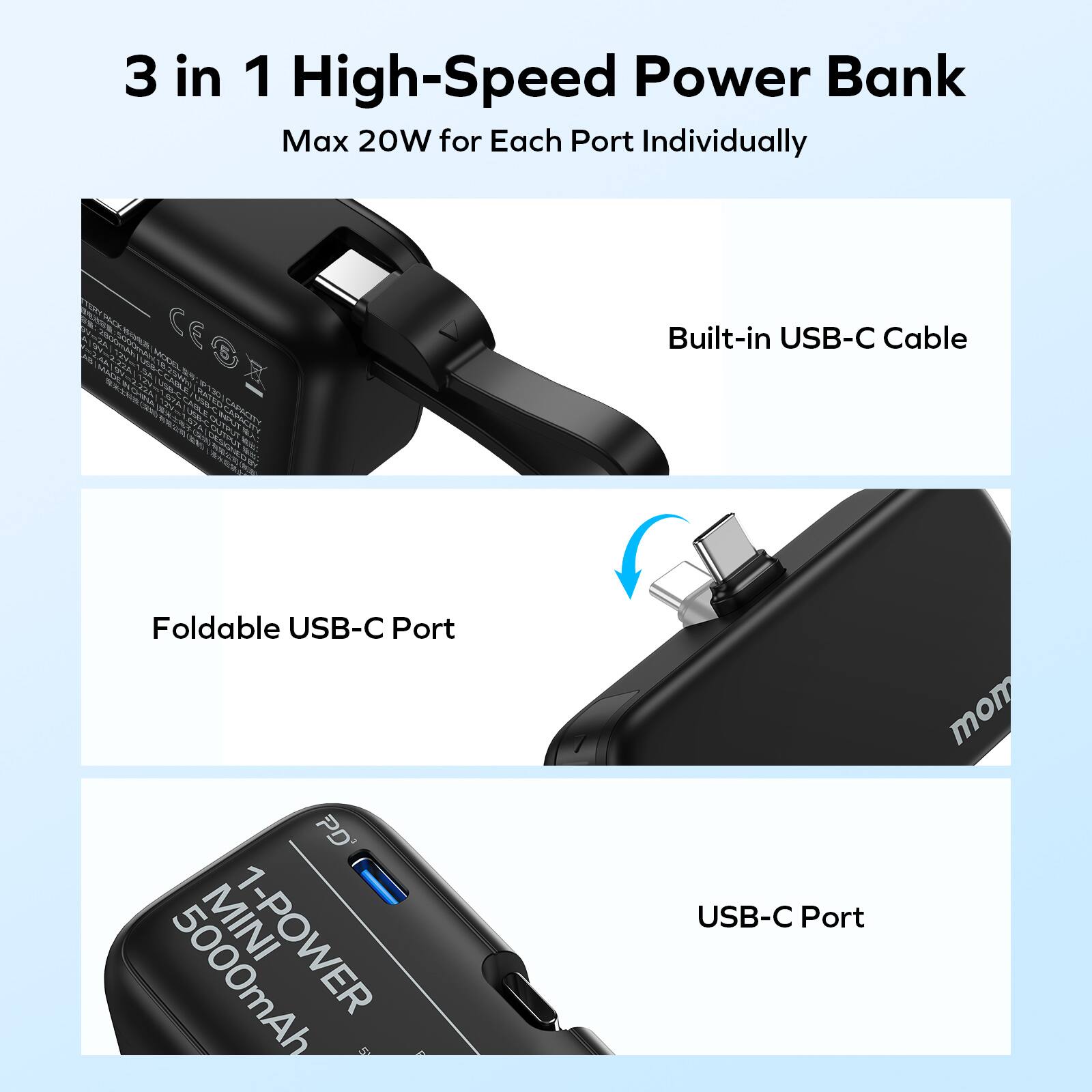 3 in 1 High-Speed Power Bank Max 20W for Each Port Individually CEOZ CE Built-in USB-C Cable Foldable USB-C Port PD' MINI 1-POWER 5000mAh USB-C Port mom