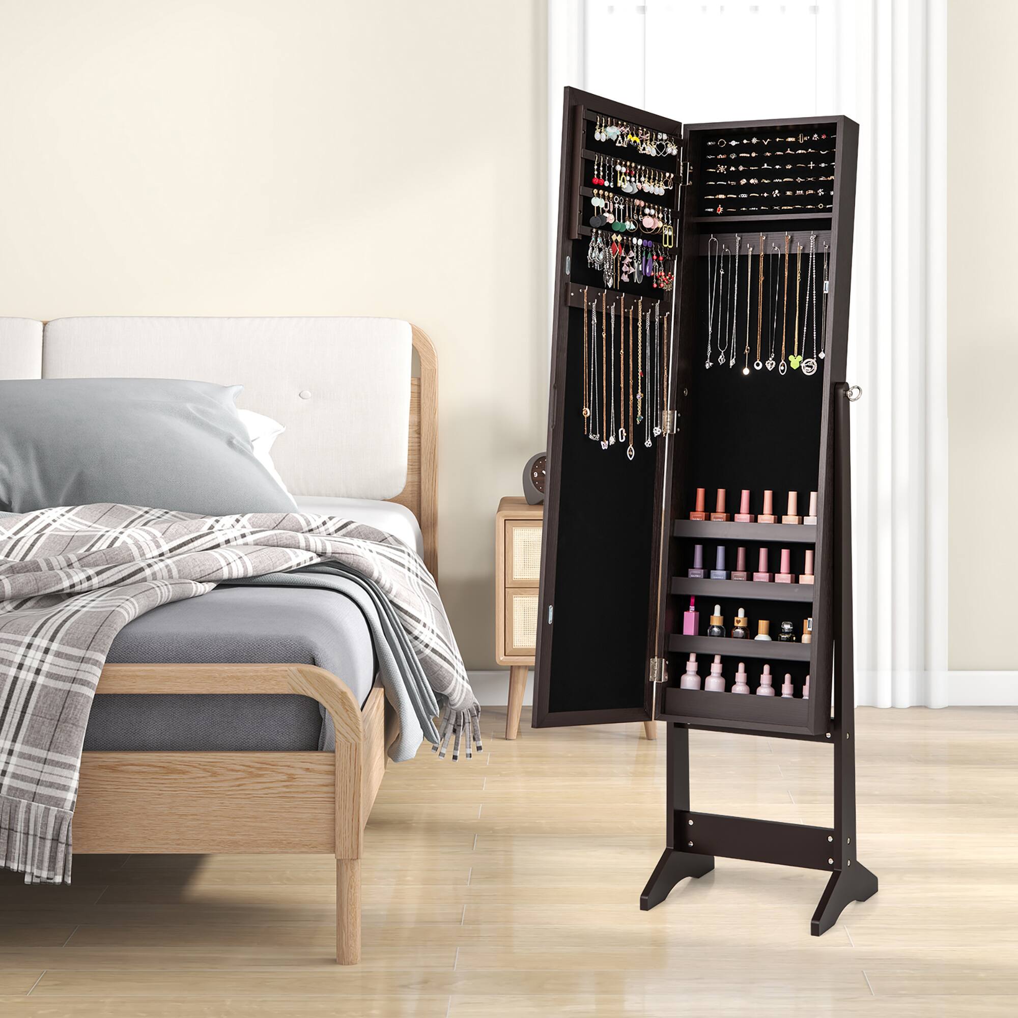 Alt View 1. Gymax - Gymax Jewelry Mirrored Cabinet Armoire Organizer Storage Box w/ Stand Christmas Gift Coffee - Coffee.