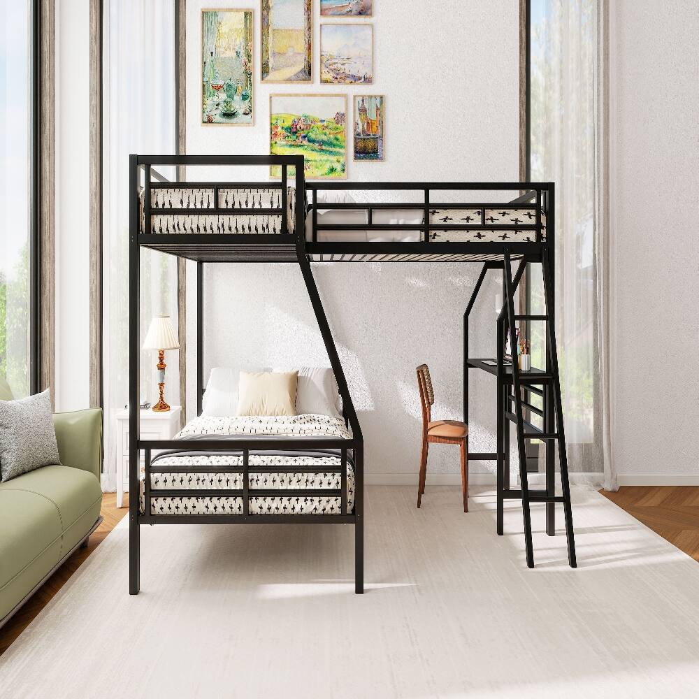 Alt View 3. Loheer - Loheer Twin Over Full Bunk Bed with Desk Black Metal L-Shaped Triple Loft Bed - Black.