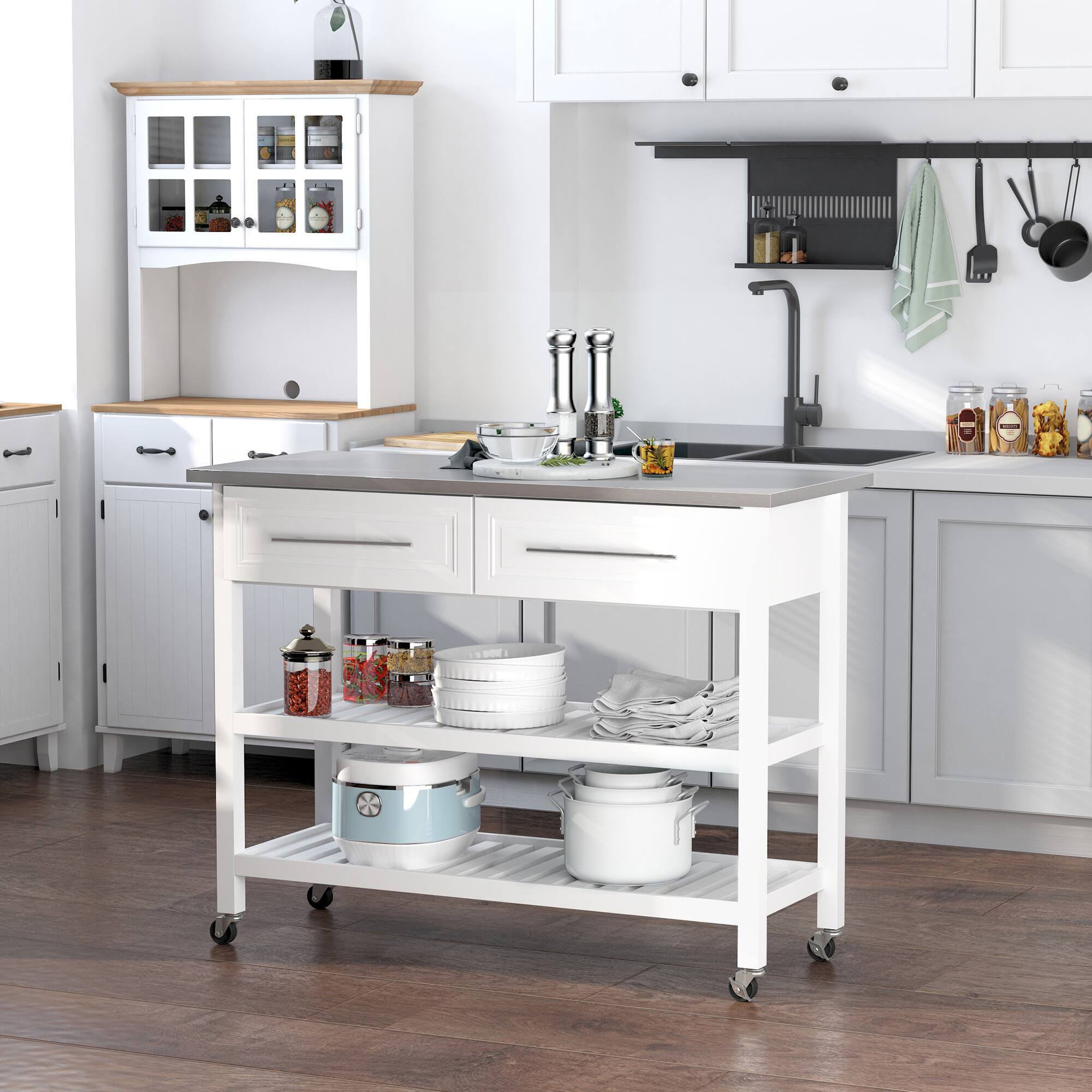 Alt View 1. Homcom - Kitchen Island with Stainless Steel Top, Traditional Kitchen Island with Storage, 2-Tier Open Shelves, Drawers - White.