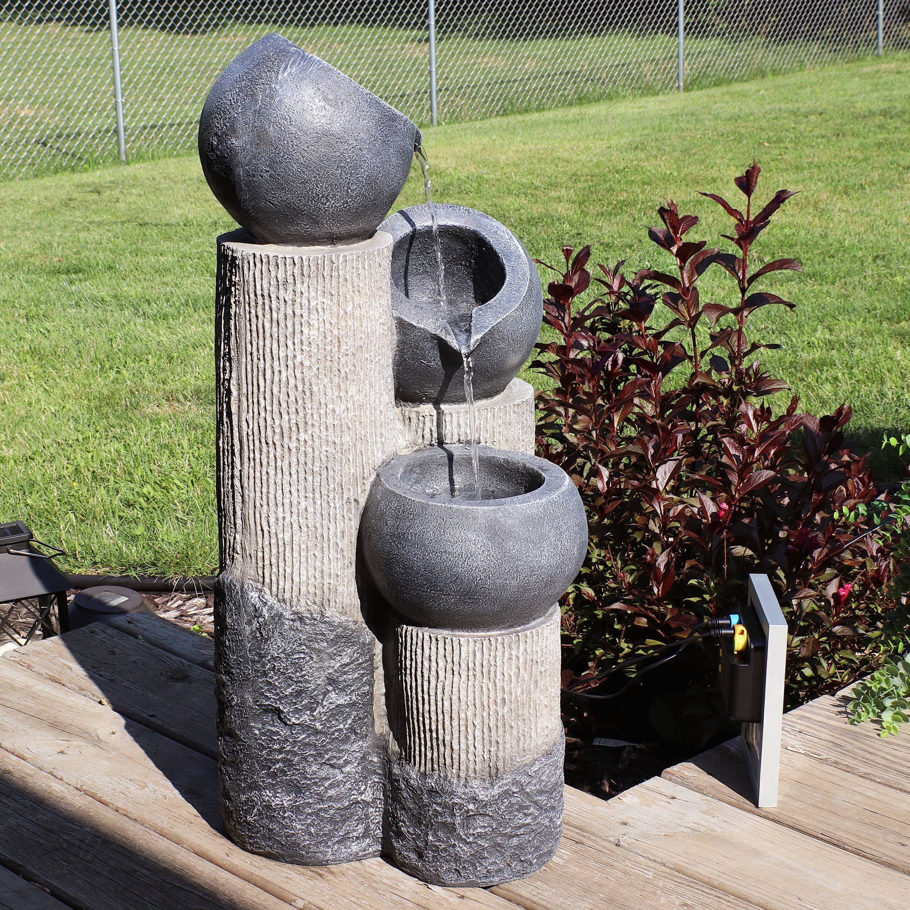 Alt View 3. Sunnydaze - Cascading Tiered Cups Solar Water Fountain with Battery - 31 in - Grey.