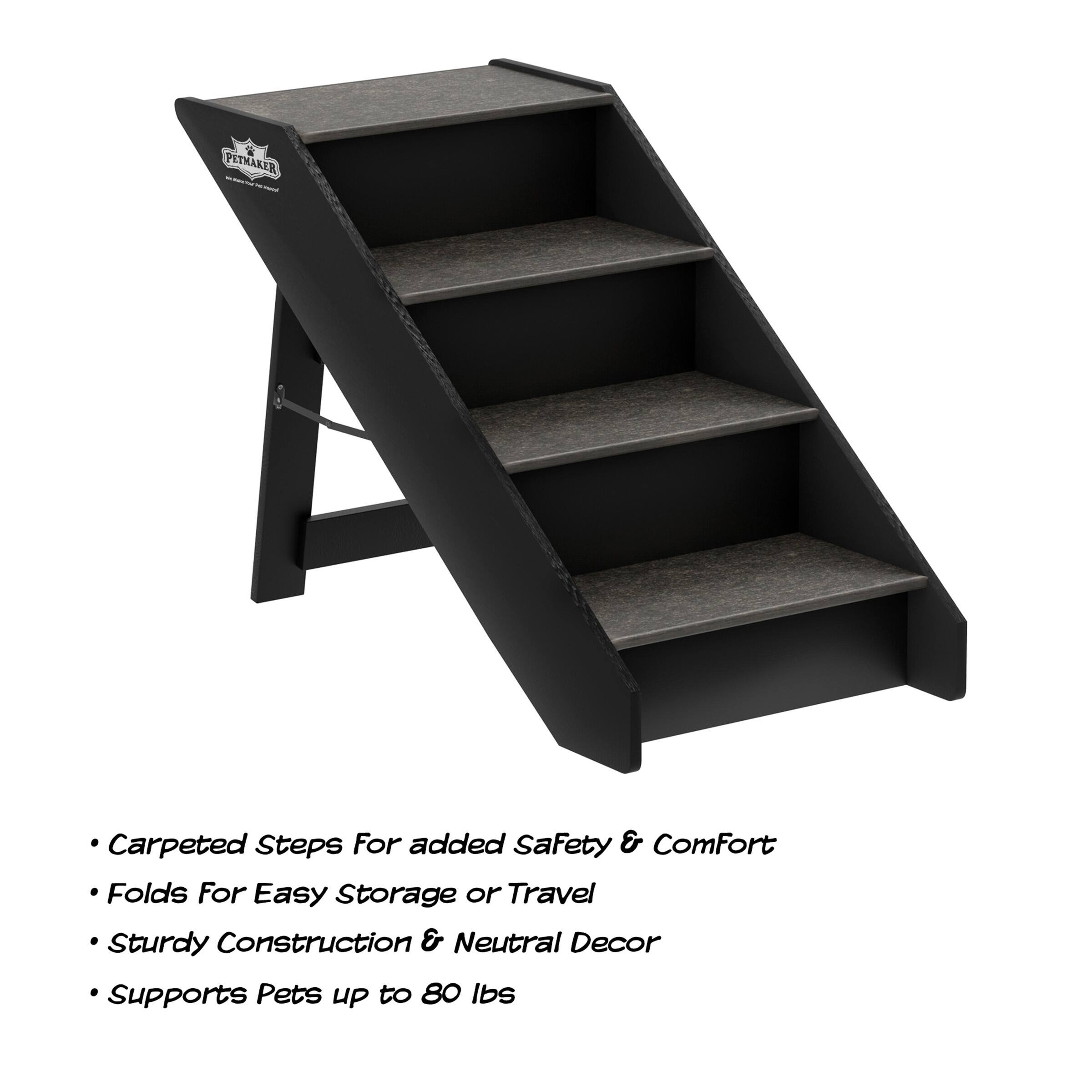 - Carpeted Steps For added Safety & Comfort
- Folds For Easy Storage or Travel
- Sturdy Construction & Neutral Decor
- Supports Pets up to 80 lbs