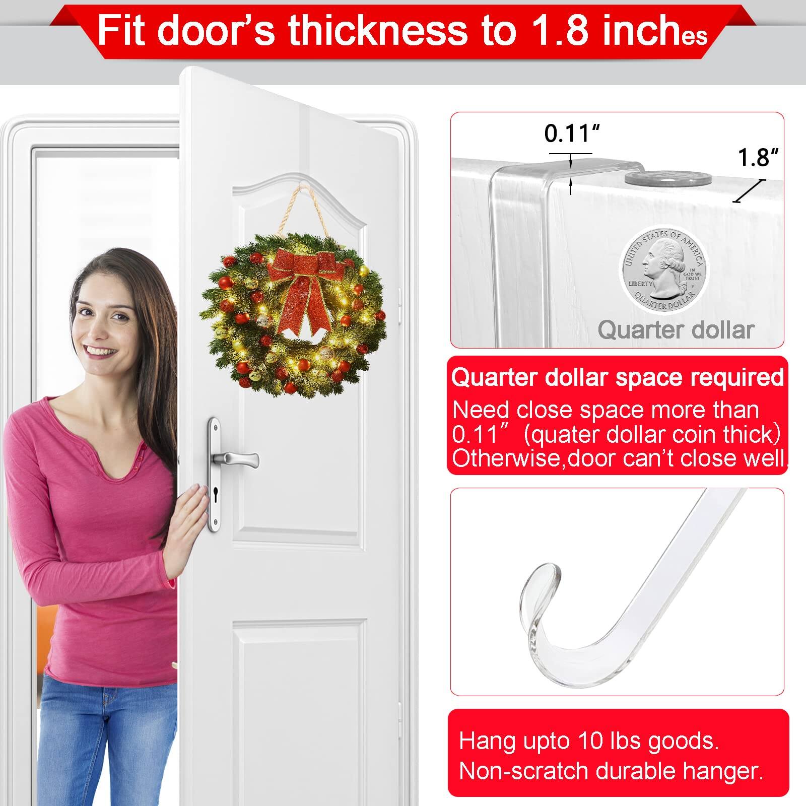 Fit door's thickness to 1.8 inches

Quarter dollar space required  
Need close space more than 0.11" (quarter dollar coin thick)  
Otherwise, door can't close well

Hang up to 10 lbs goods.  
Non-scratch durable hanger.