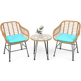 Costway - 3PCS Patio Rattan Bistro Furniture Set Cushioned Chair Table - Turquoise