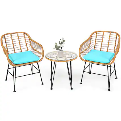 Front. Costway - Costway 3PCS Patio Rattan Bistro Furniture Set Cushioned Chair Table - Turquoise.