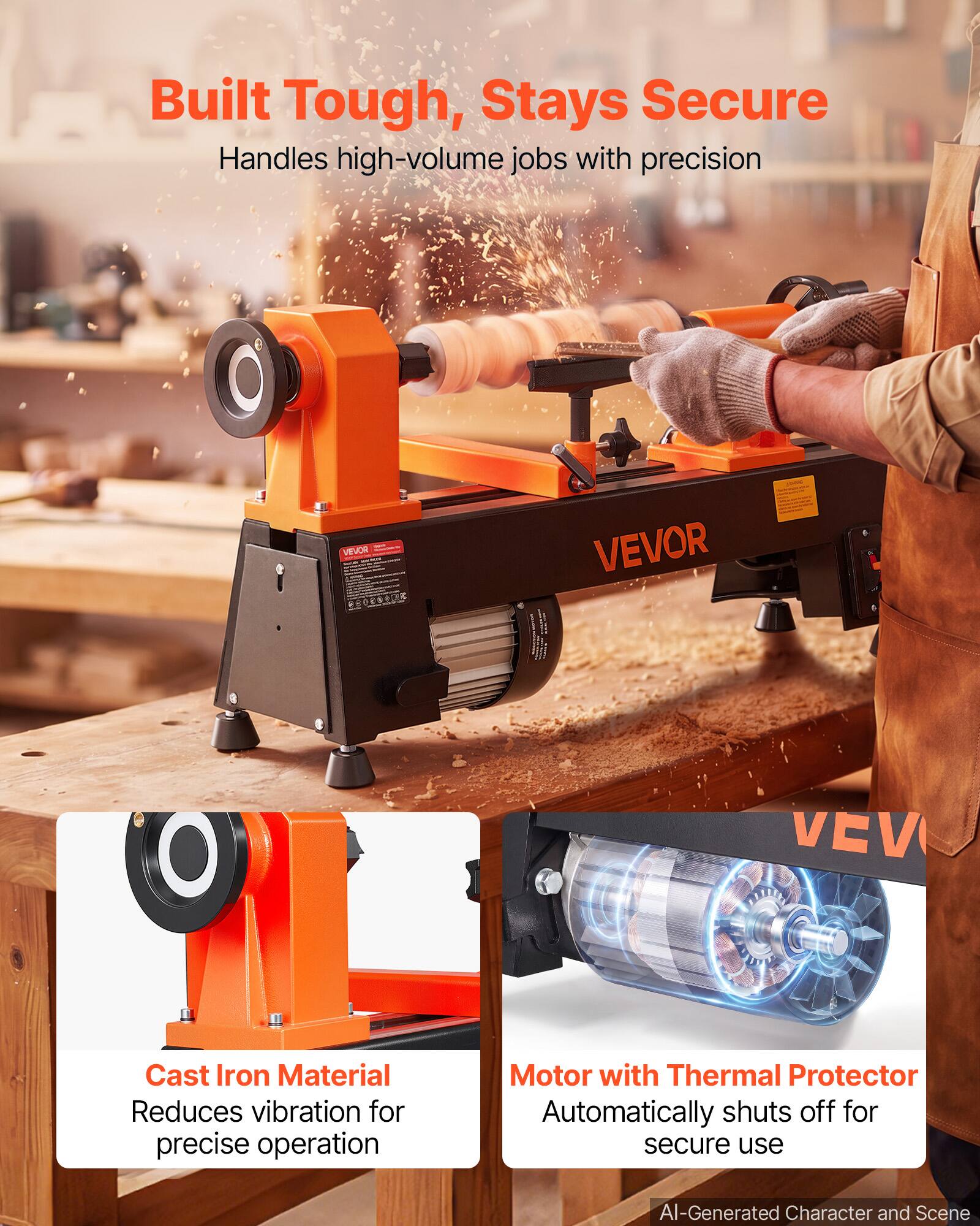 Built Tough, Stays Secure  
Handles high-volume jobs with precision  

Cast Iron Material  
Reduces vibration for precise operation  

Motor with Thermal Protector  
Automatically shuts off for secure use  

AI-Generated Character and Scene