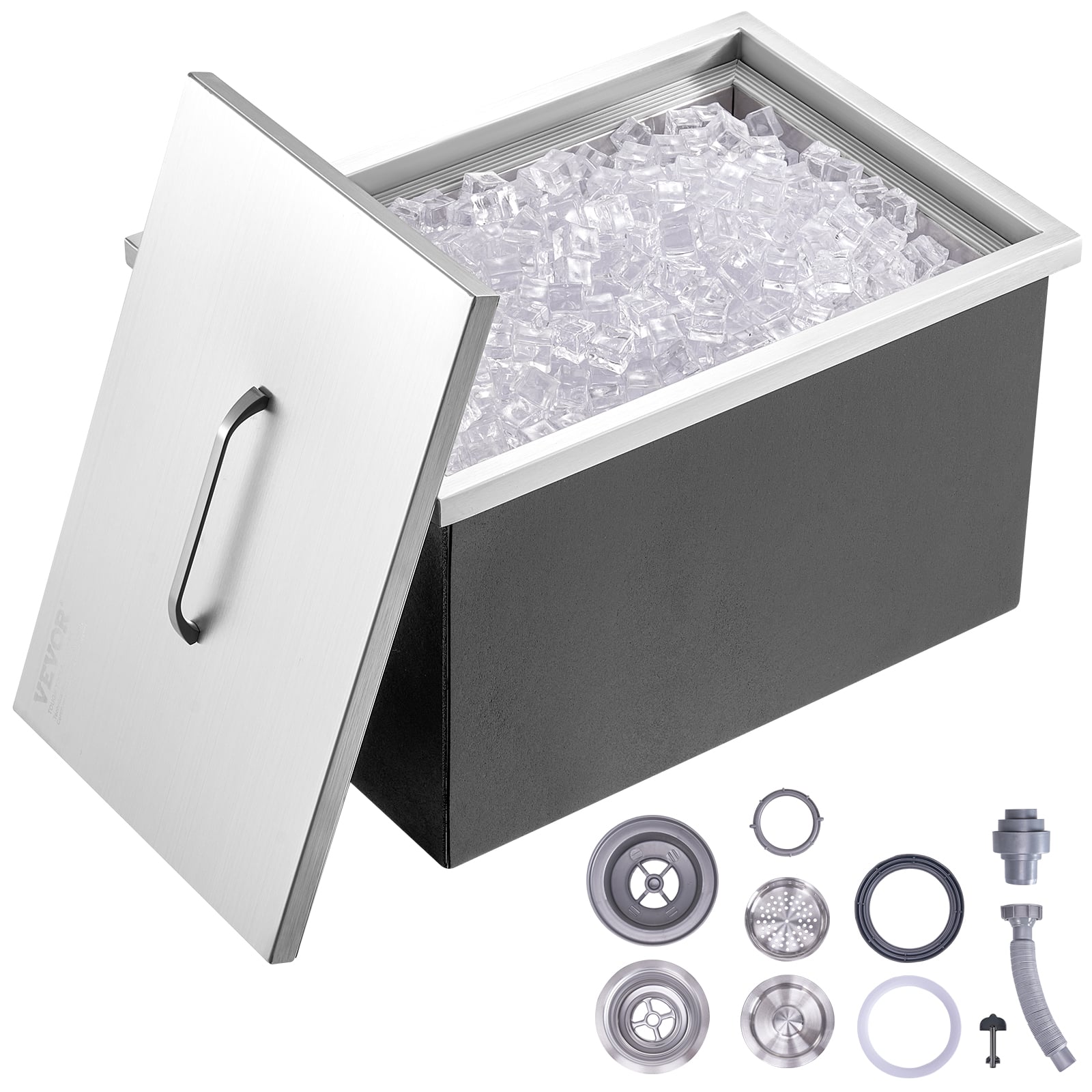 VEVOR - Drop in Ice Chest, 22"L x 17"W x 12"H Stainless Steel Ice Cooler, Commercial Ice Bin with Cover - Silver