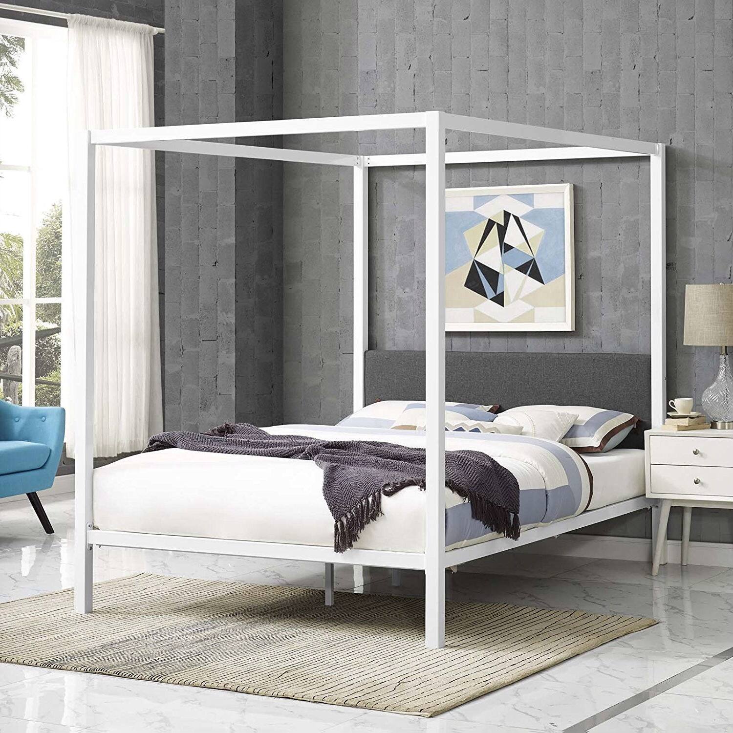 Back. Hivvago - Hivvago Queen size Metal Canopy Bed Frame with Fabric Upholstered Headboard - White.