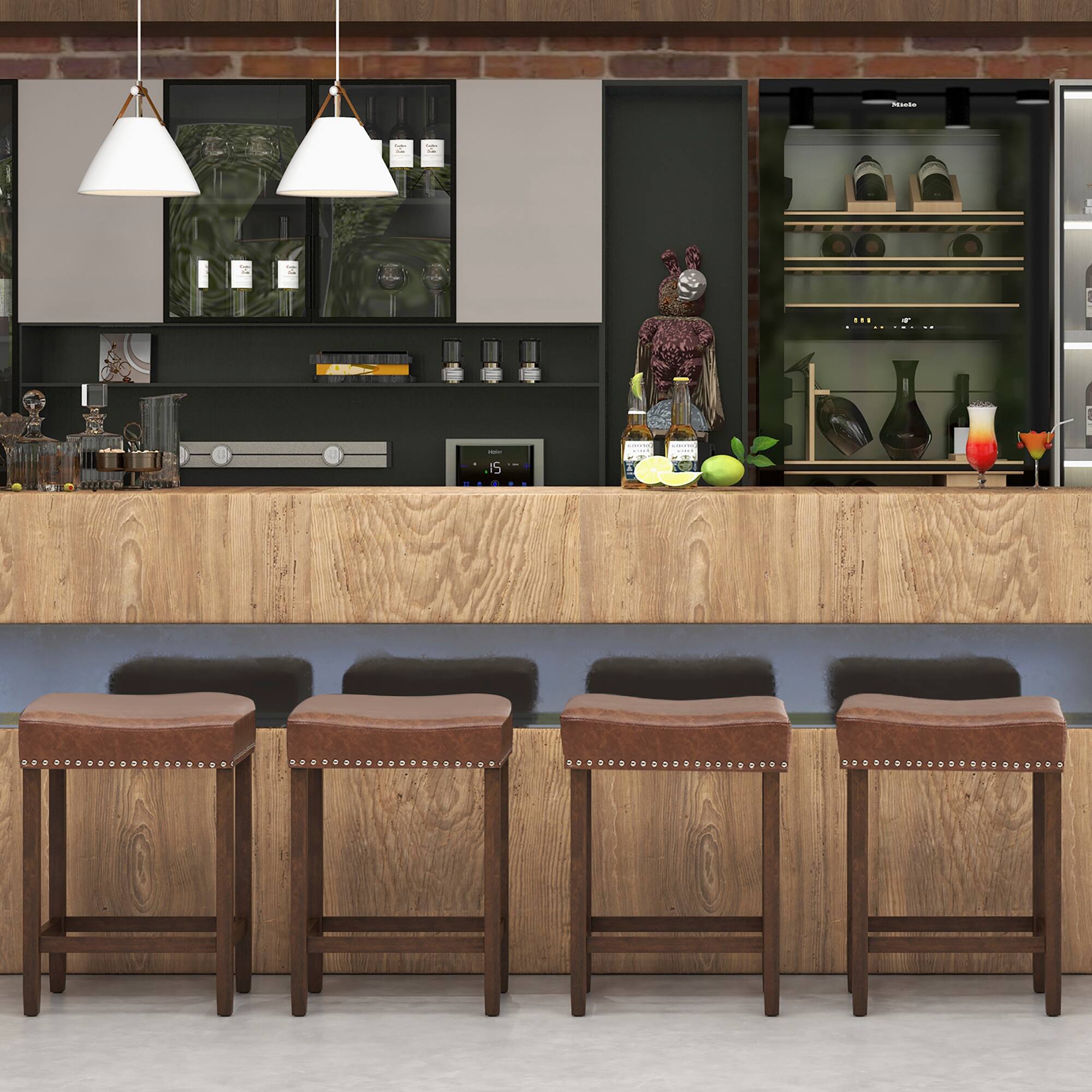 Alt View 1. Gymax - Gymax Bar Stool Set of 4 24-Inch Counter Height Saddle Stools w/ PU Leather Upholstery Brown - Brown.