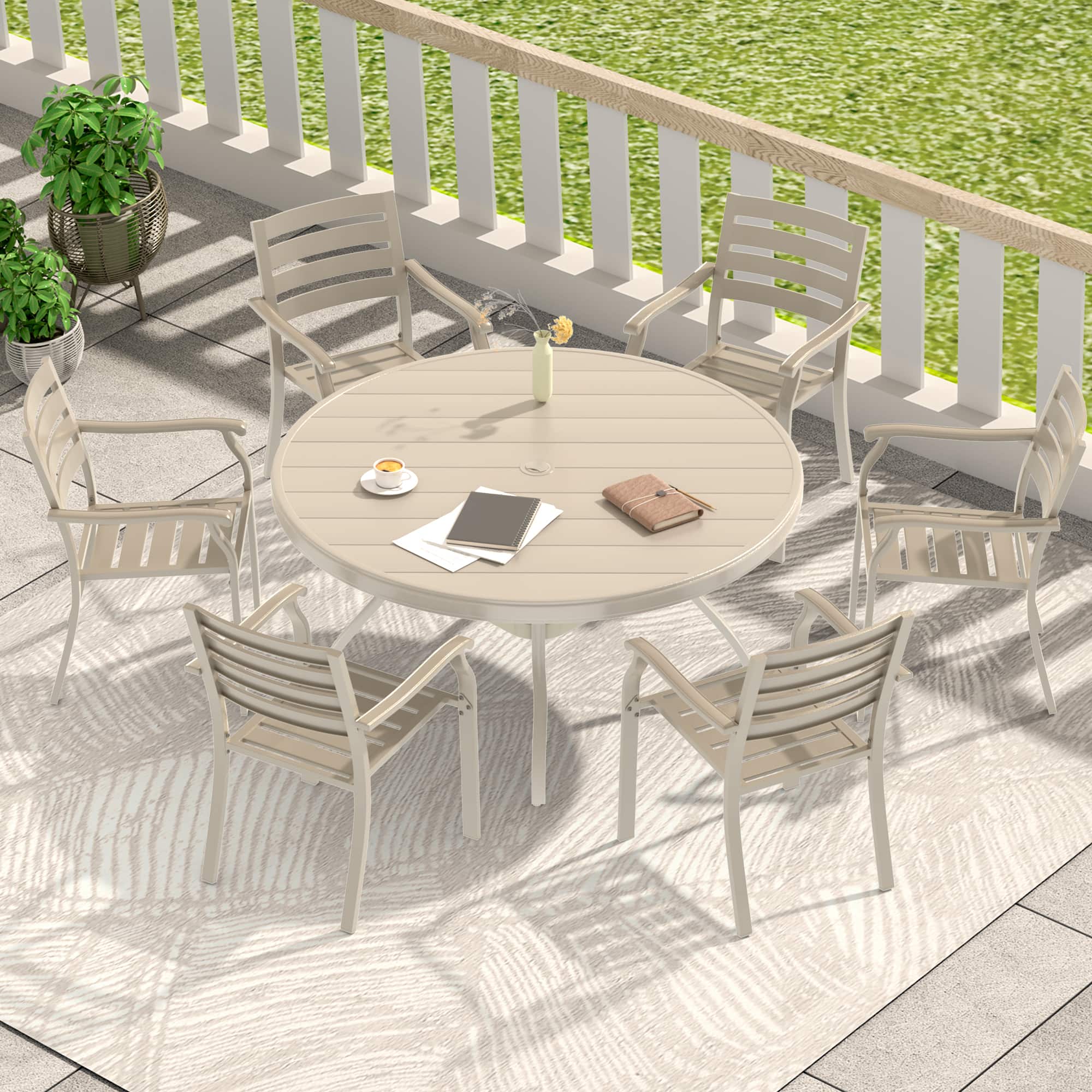 Mondawe - 7 Pieces Outdoor Metal Dining Set, 6 Stackable Dining Chairs and 52.95" Round Dining Table - Sandstone