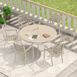 Mondawe - 7 Pieces Outdoor Metal Dining Set, 6 Stackable Dining Chairs and 52.95" Round Dining Table - Sandstone