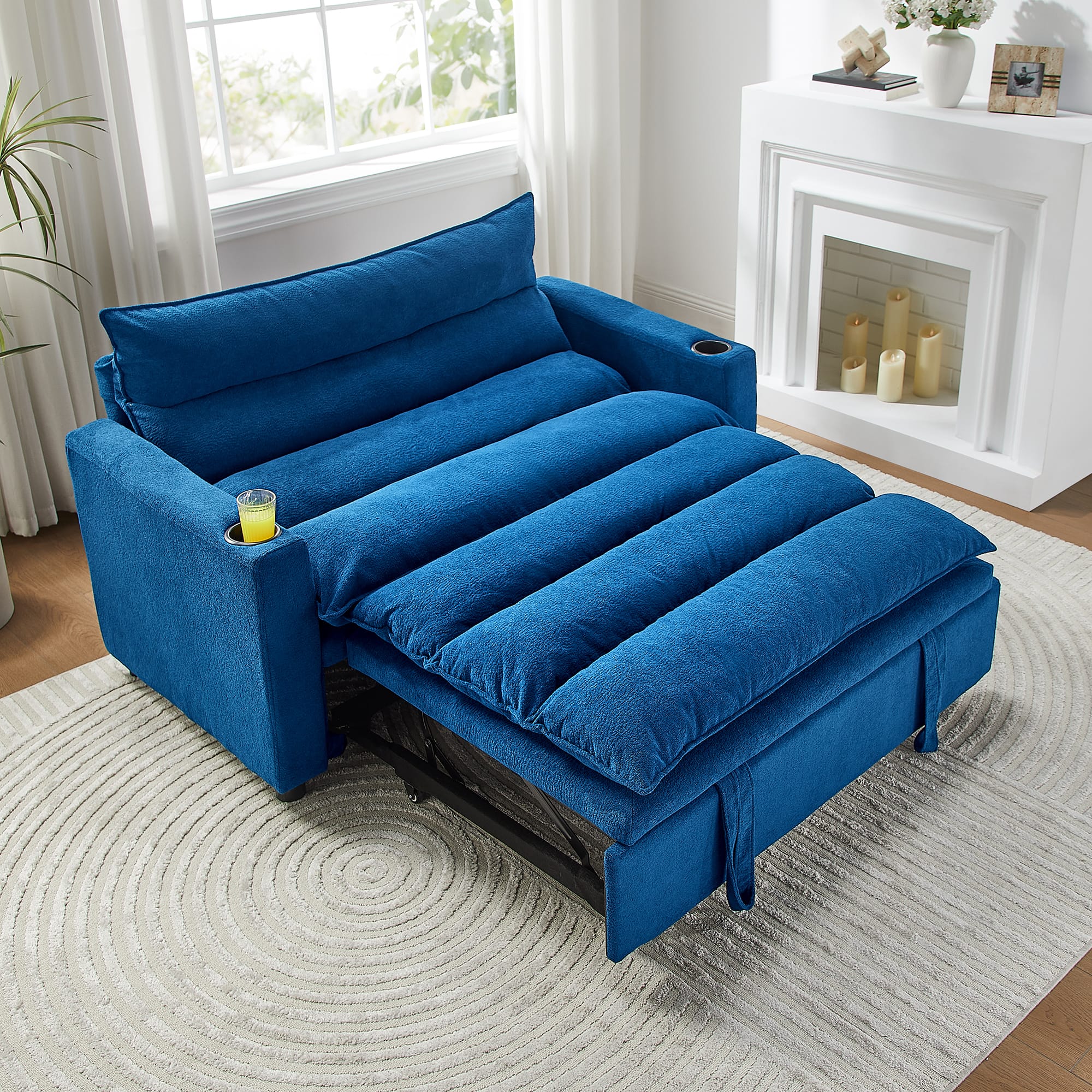 Aukfa - 3-in-1 Velvet Convertible Sofa Bed - Pull-Out Sleeper, Adjustable Backrest, for Small Space Living Room - Blue