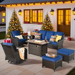 Ovios - 7 PCS Patio Furniture with 42" Fire Pit Table, Wicker Swivel Chairs, Ottoman & Side Table - Navy Blue(Brown Wicker)