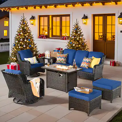 Front. Ovios - 7 PCS Patio Furniture with 42" Fire Pit Table, Wicker Swivel Chairs, Ottoman & Side Table - Navy Blue(Brown Wicker).